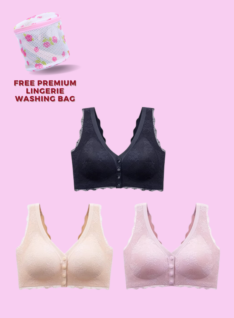 3 Pack Premium Rylee Lace Plus Size Wireless Paded Push Up Bra in Pink,Nude,and Black