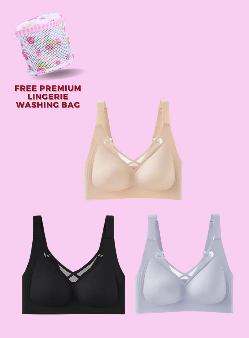 3 Pack Premium Bella Plus Size Wireless Paded Push Up Bra in Nude,Blue,and Black