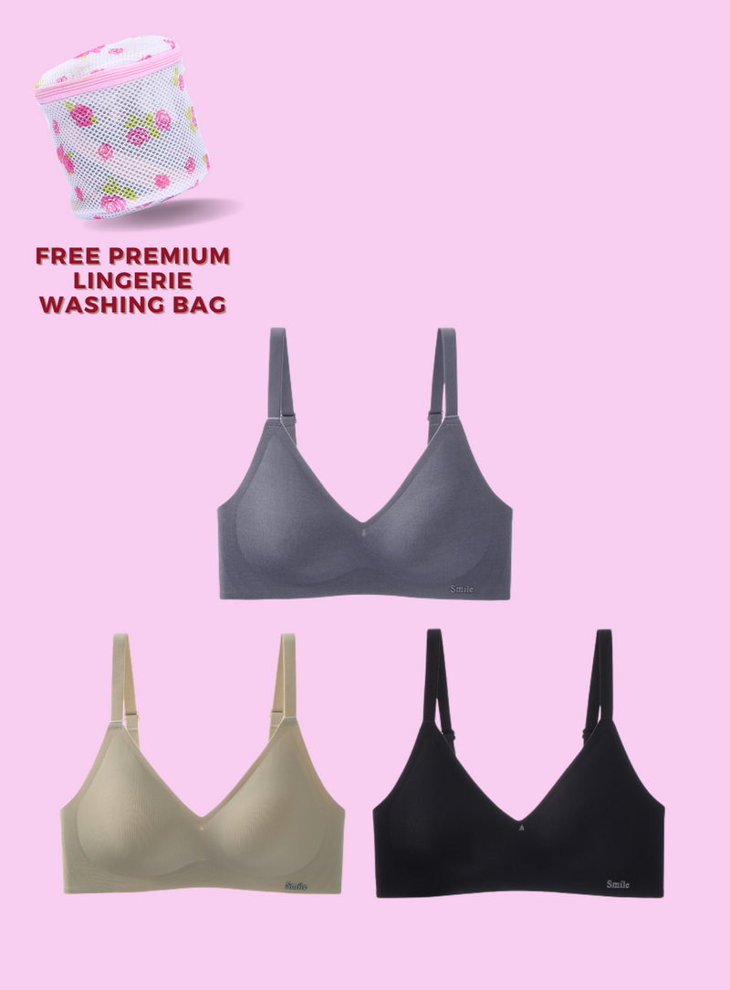 3 Pack Premium Melanie Seamless Wireless Padded Support Bra in Grey, Green and Black