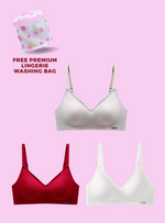3 Pack Premium Melanie Seamless Wireless Support Bra in Red, Light Grey and White
