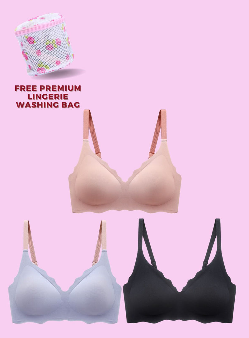 3 Pack Premium Daisy Seamless Wireless Paded Push Up Bra in Pink,Blue,and Black