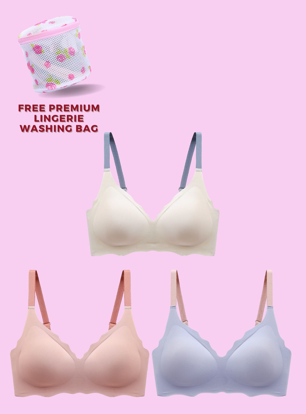 3 Pack Premium Daisy Seamless Wireless Paded Push Up Bra in Pink,Blue,and White